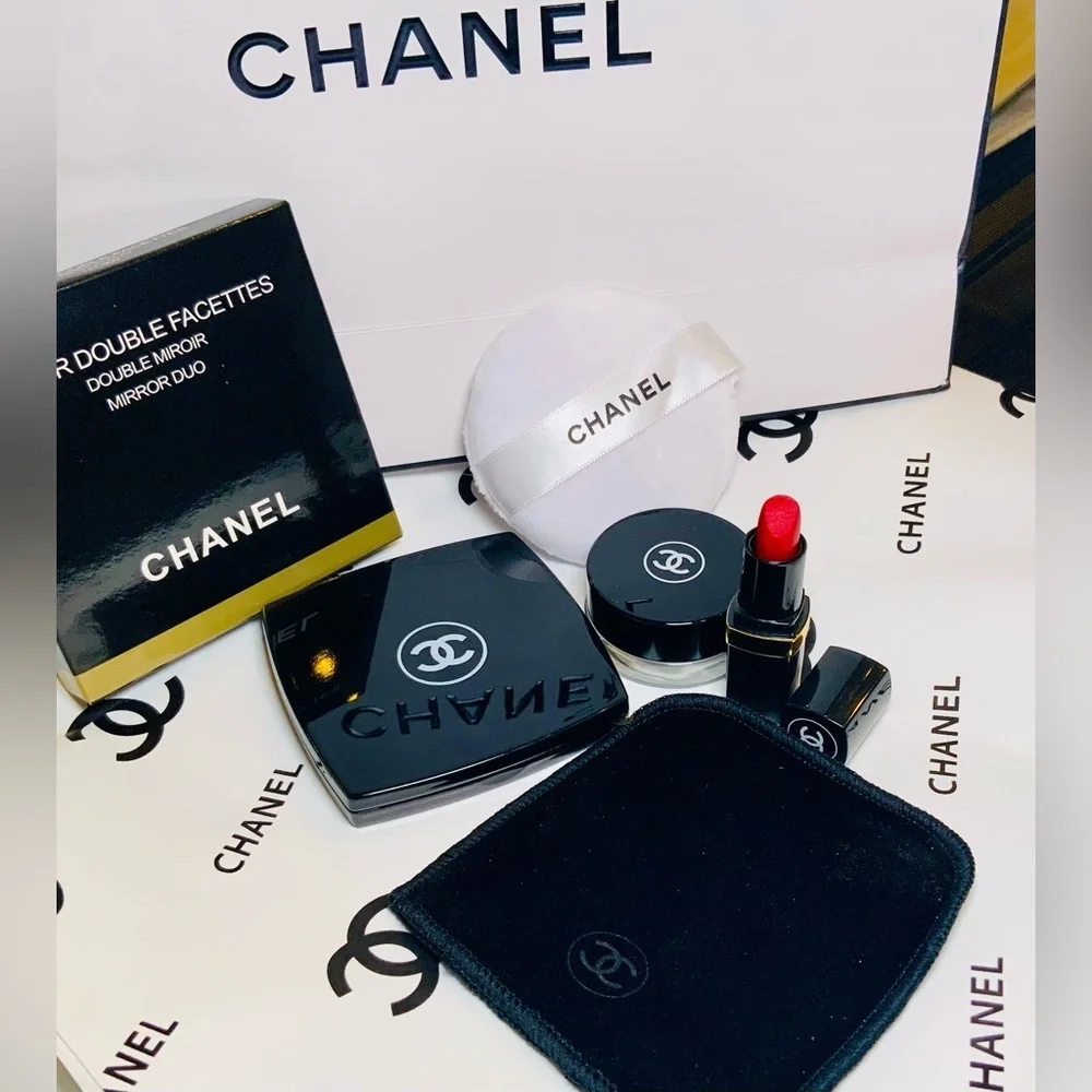 Chanel Two-Way Compact Mirror Bundle wi/Mini Lipstick, Powder Puff, Travel Jar - Picture 1 of 4